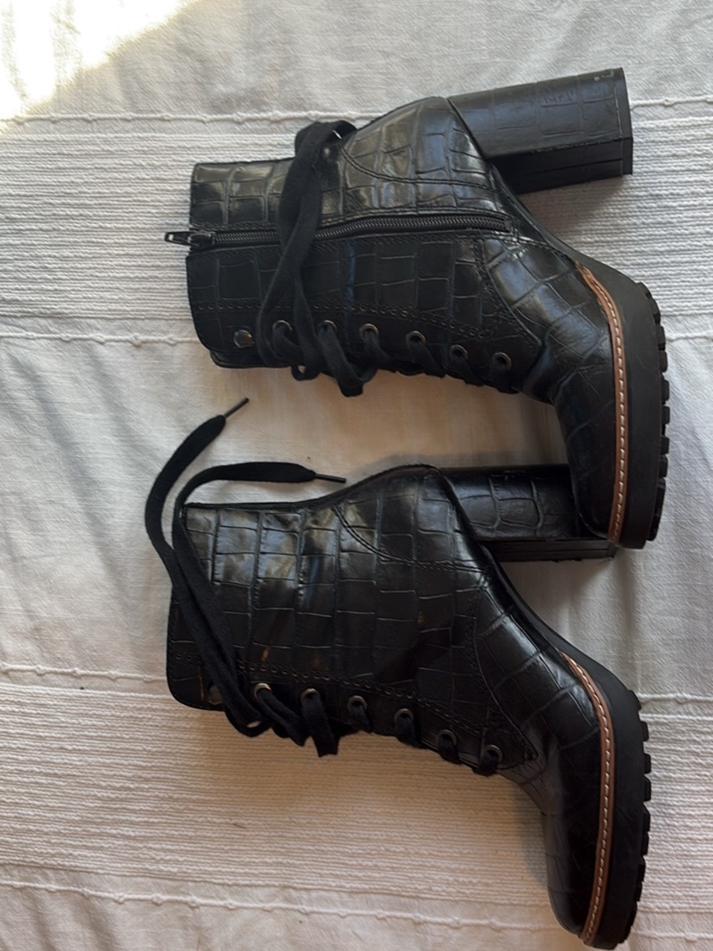 Naturalizer Black Croc-Embossed Lace-Up Block Heel Boots